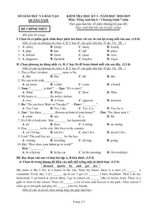 Đề kiểm tra học kỳ I môn Tiếng Anh Lớp 6 (2 kĩ năng) - Năm học 2018-2019 - Sở giáo dục và đào tạo Quảng Nam